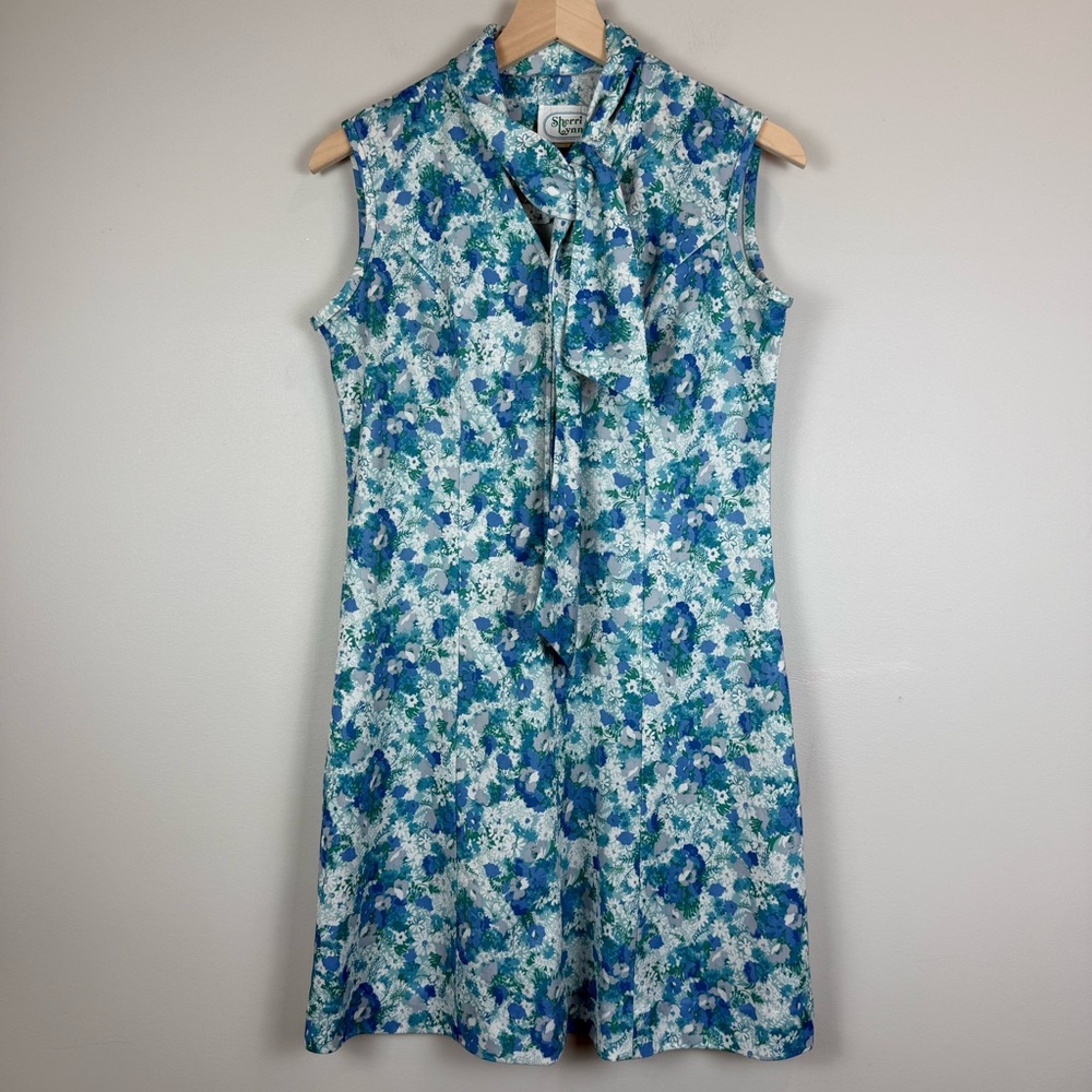 Vtg Sherri Lynn Floral Dress Sz 14 Blue Bloomcore Water Color Sundress Neck Tie